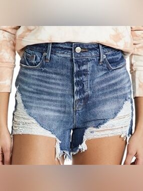 Good American High-Waist Distressed Blue Denim Shorts